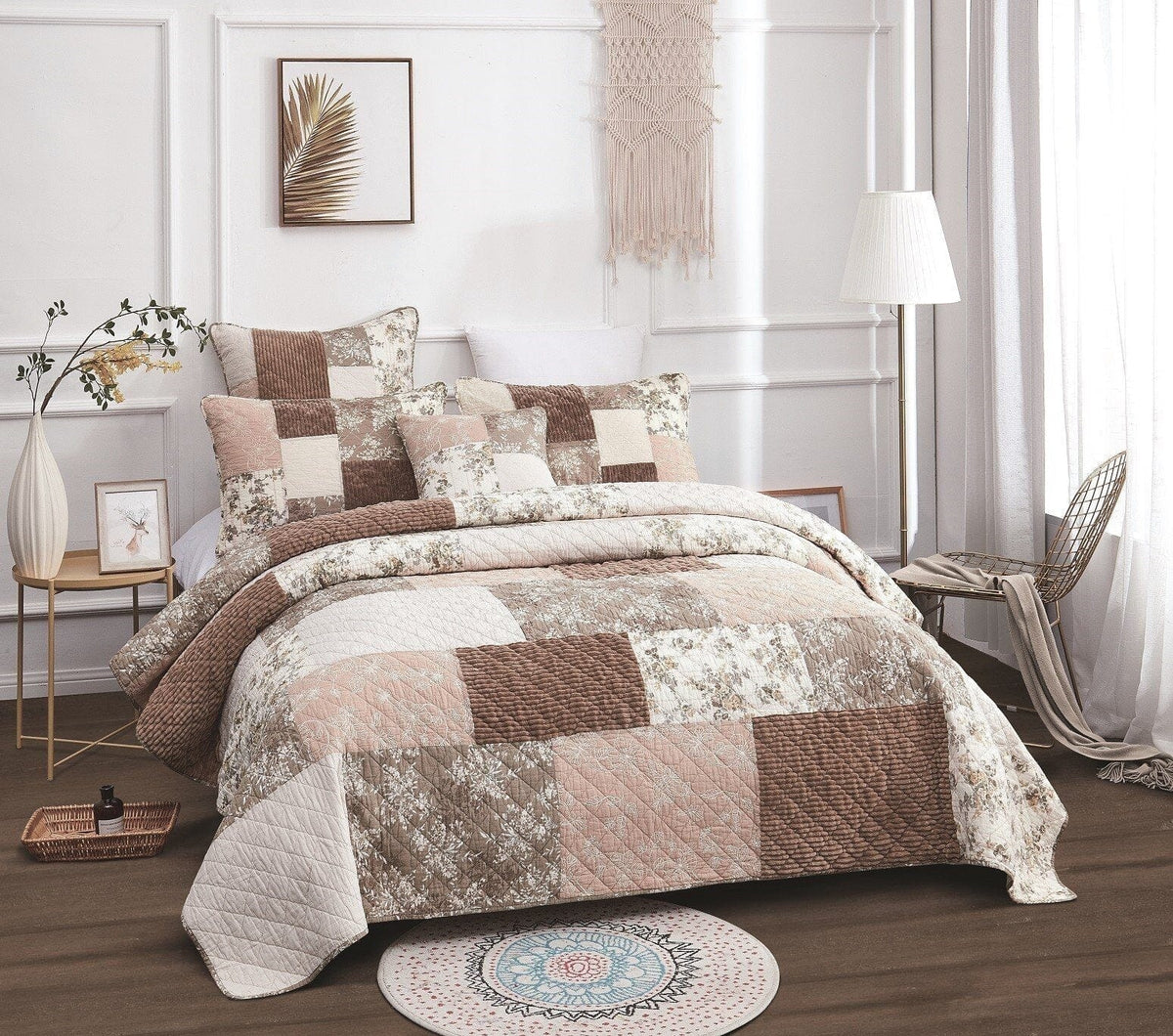 DaDa Bedding Dusty Rose Taupe Beige Brown Floral Cottage Patchwork Quilted Bedspread Set