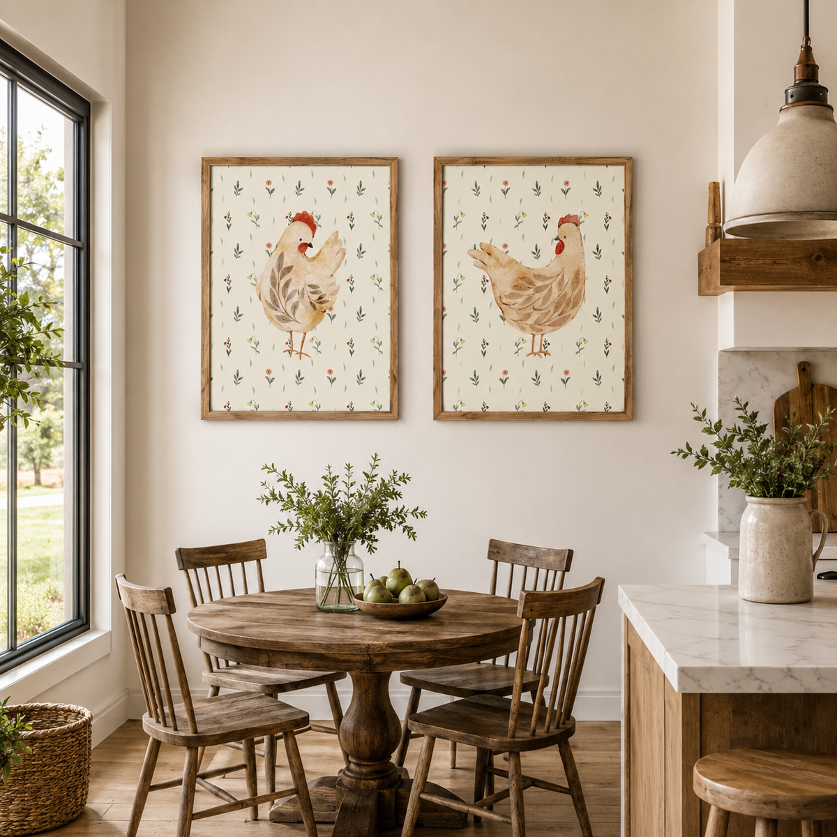 Rustic Farmhouse Hen Wall Art – Watercolor Chicken Portrait Farmhouse Kitchen Art