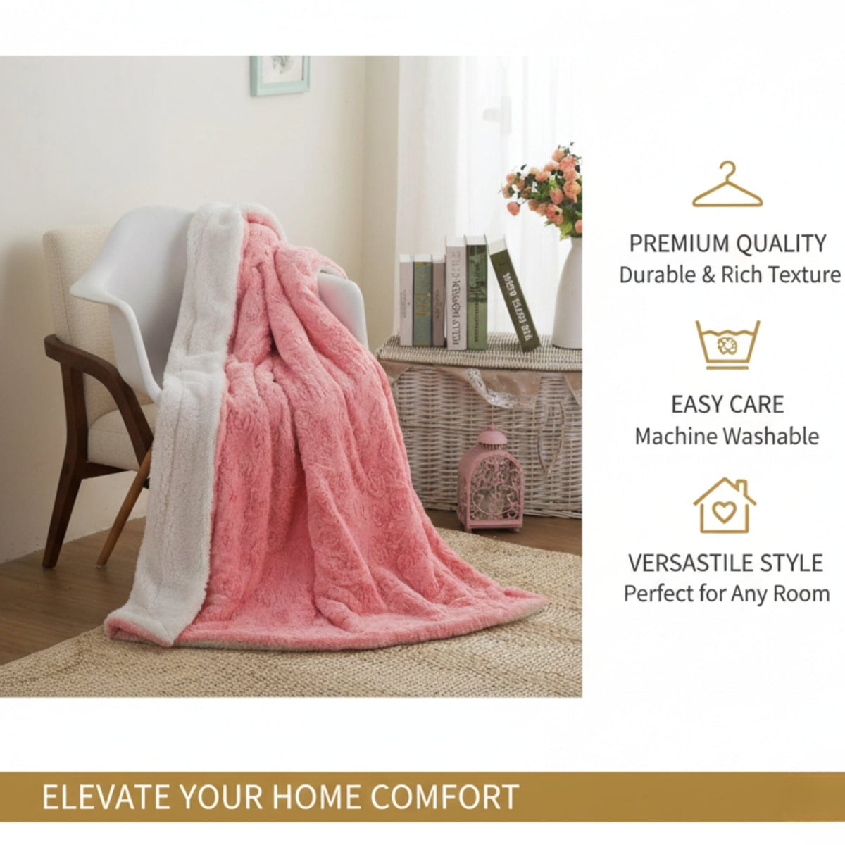 DaDa Bedding Luxury Blossom Pink Rose Buds Pink Sherpa Backside Faux Fur Throw Blanket