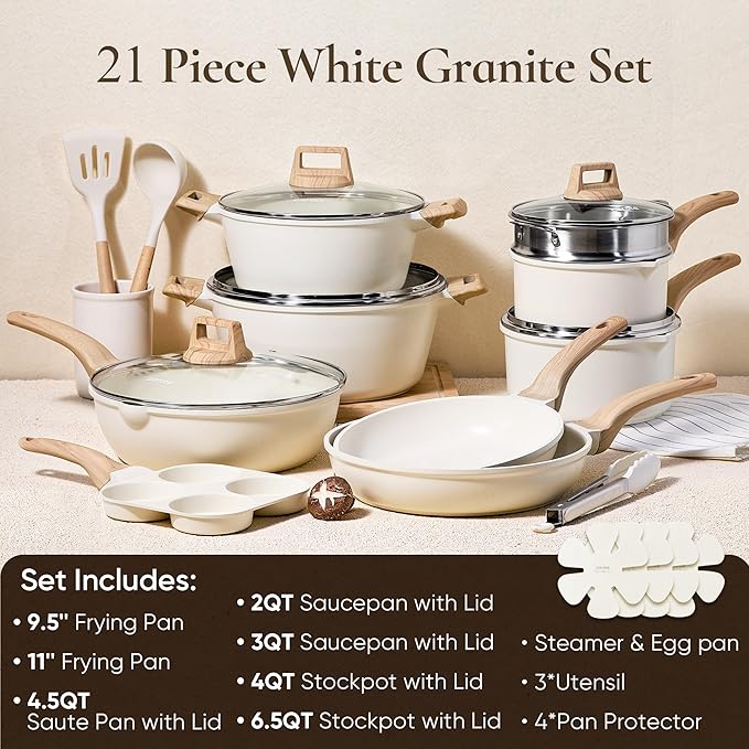 CAROTE 21-Piece White Granite Nonstick Cookware Set