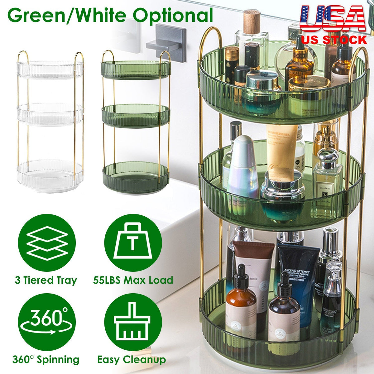 3 Tier Rotating Makeup Organizer – 360° Spinning Cosmetic Storage Tray