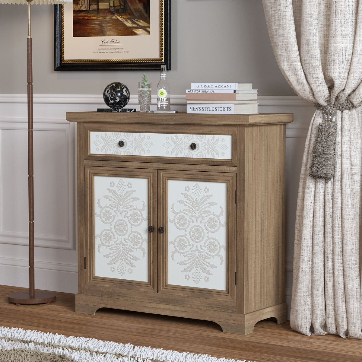 Accent Cabinet With Carved Floral Panels, Sideboard With Drawer And Double Doors - Antique Brown / White