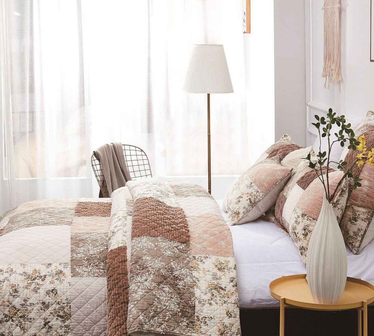 DaDa Bedding Dusty Rose Taupe Beige Brown Floral Cottage Patchwork Quilted Bedspread Set