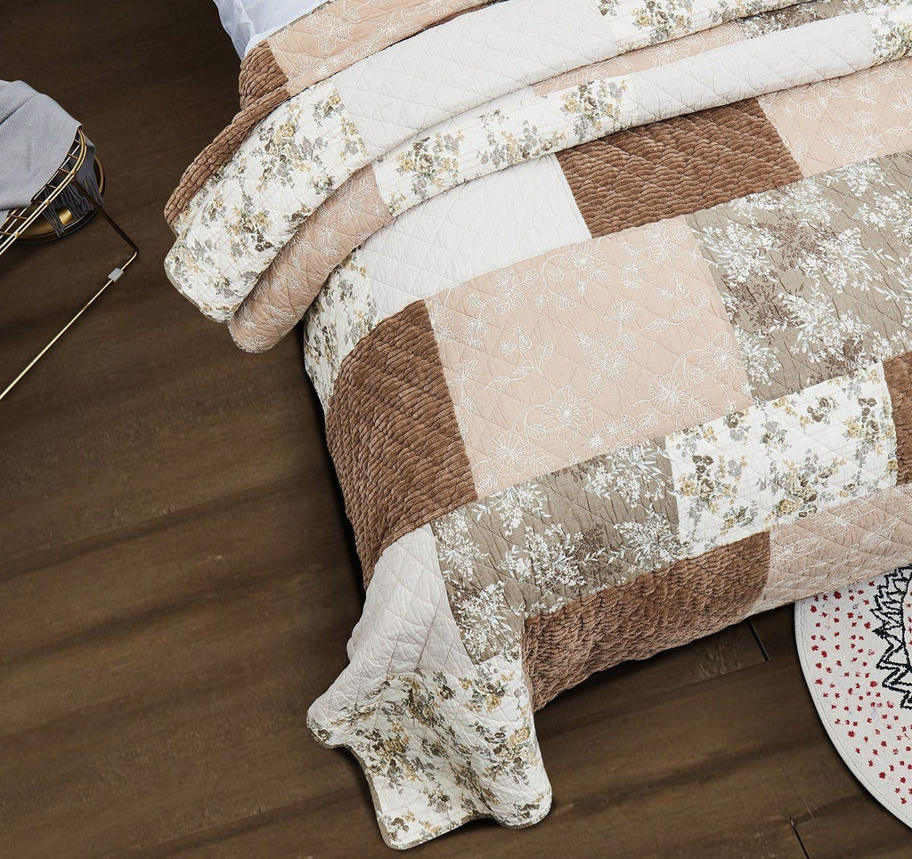 DaDa Bedding Dusty Rose Taupe Beige Brown Floral Cottage Patchwork Quilted Bedspread Set