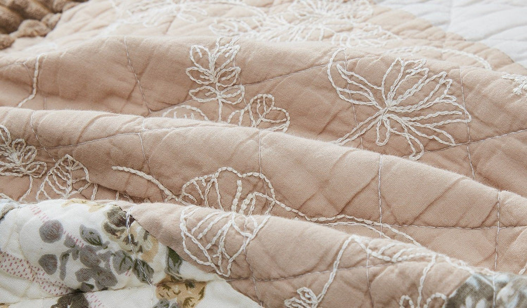 DaDa Bedding Dusty Rose Taupe Beige Brown Floral Cottage Patchwork Quilted Bedspread Set