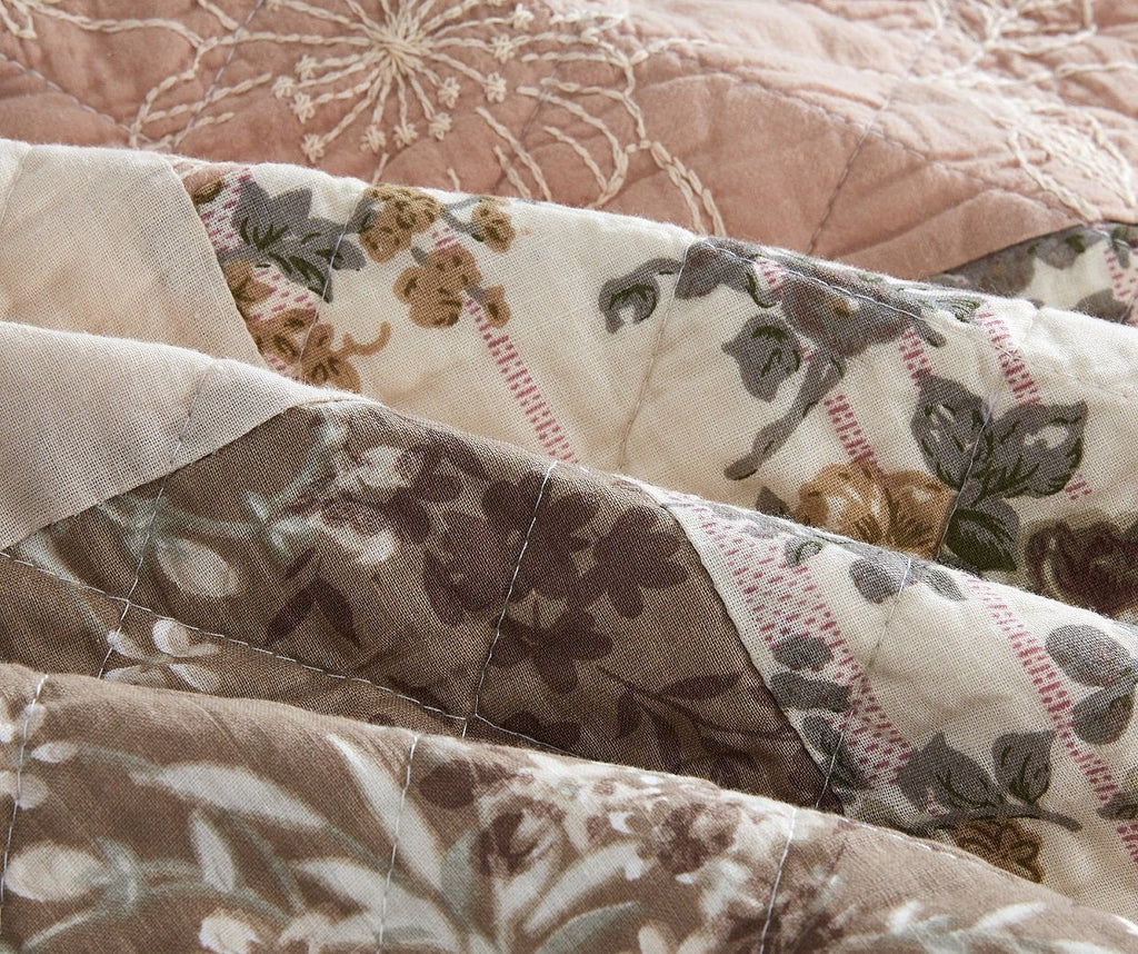 DaDa Bedding Dusty Rose Taupe Beige Brown Floral Cottage Patchwork Quilted Bedspread Set