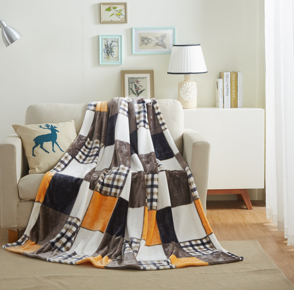 Fall Orange Farmhouse Super Soft Micro Fleece Plaid Patchwork Plush Bed Throw Blanket