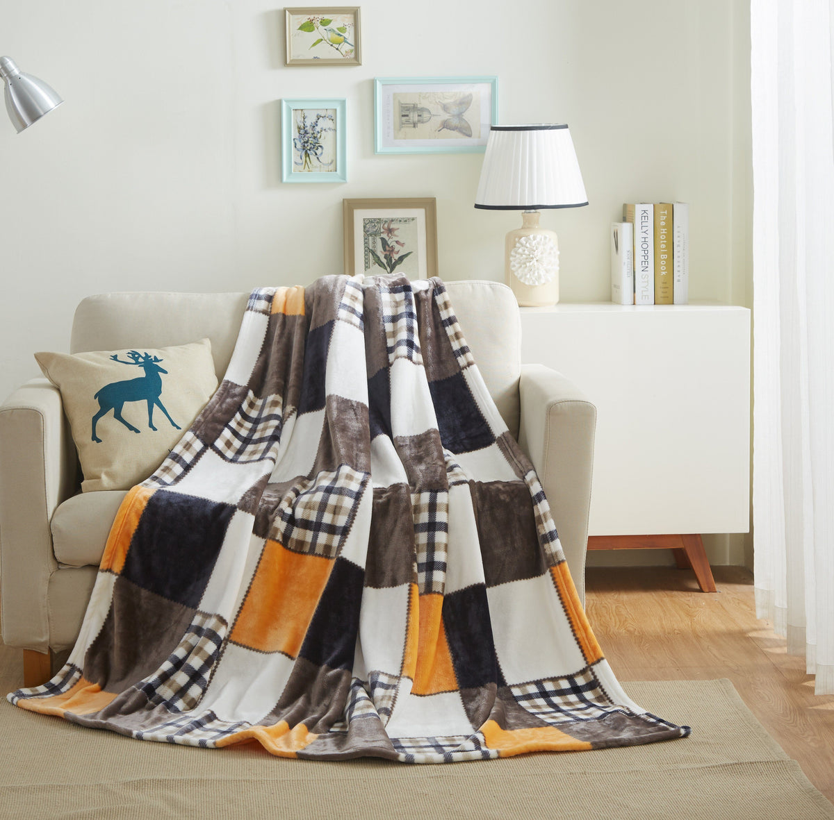 Fall Orange Farmhouse Super Soft Micro Fleece Plaid Patchwork Plush Bed Throw Blanket