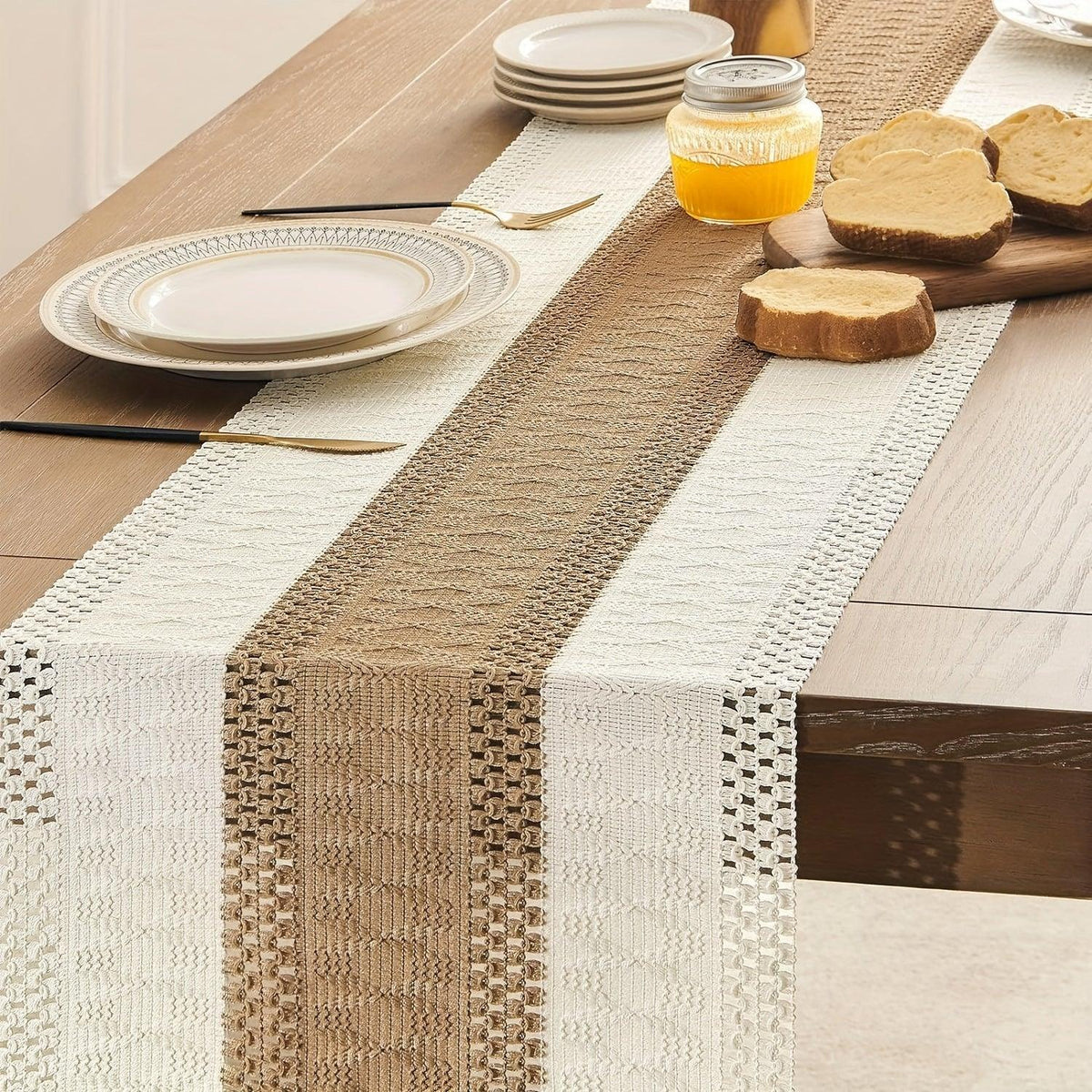 Bohemian Chic Table Runner Farmhouse Rustic Cream and Brown Macrame Crochet with Tassels