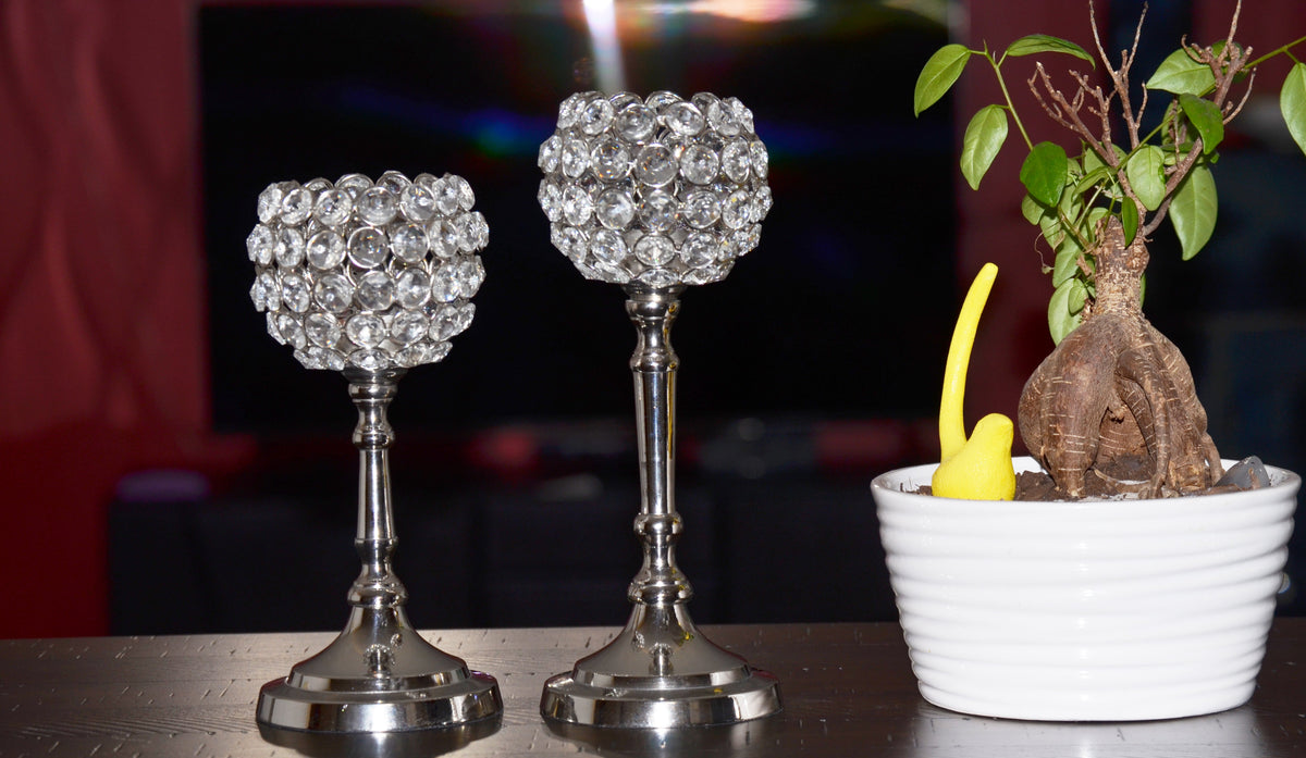 Vibhsa Round Crystal Hurricane Candle Holders | Set of 2, 8" & 10", Silver Nickel Finish