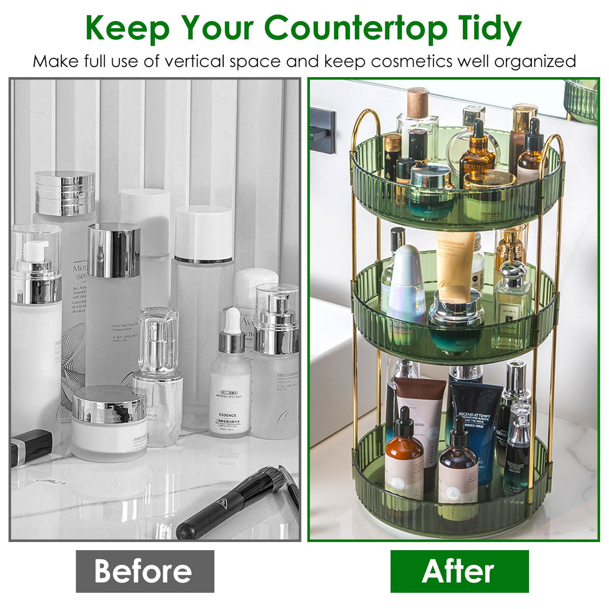 3 Tier Rotating Makeup Organizer – 360° Spinning Cosmetic Storage Tray