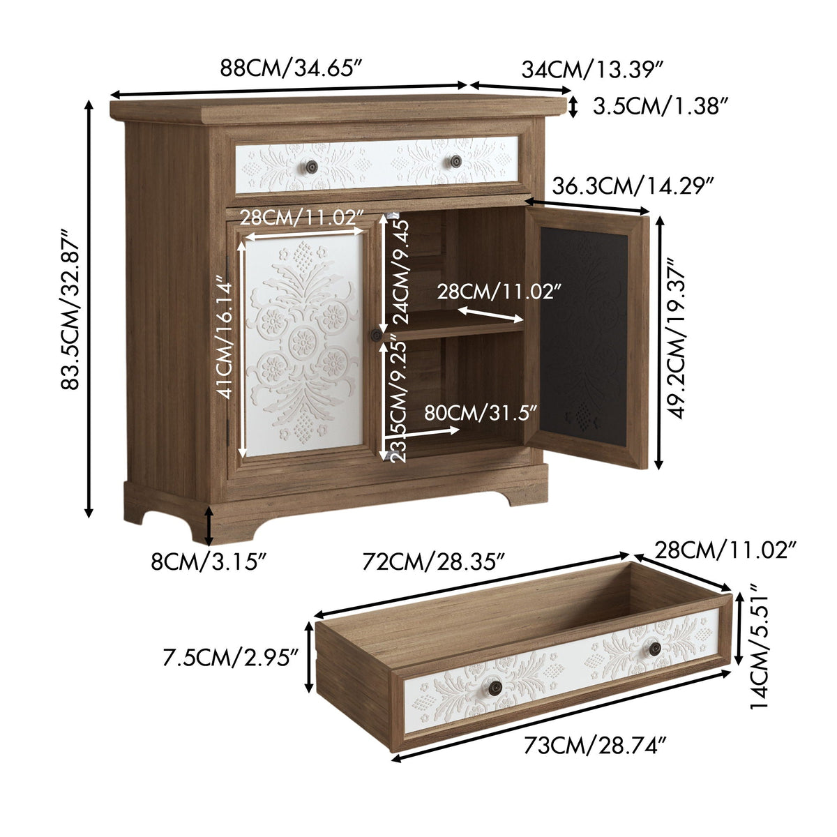 Accent Cabinet With Carved Floral Panels, Sideboard With Drawer And Double Doors - Antique Brown / White