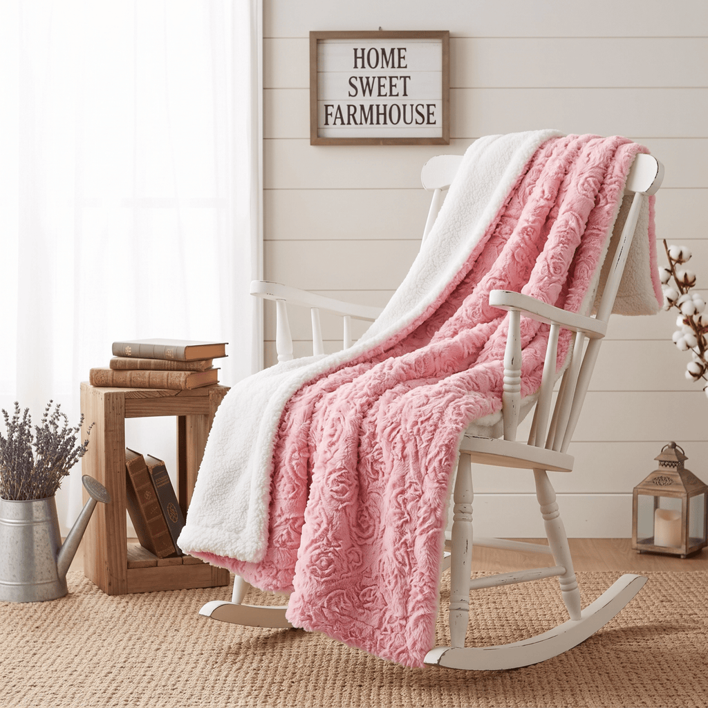 DaDa Bedding Luxury Blossom Pink Rose Buds Pink Sherpa Backside Faux Fur Throw Blanket