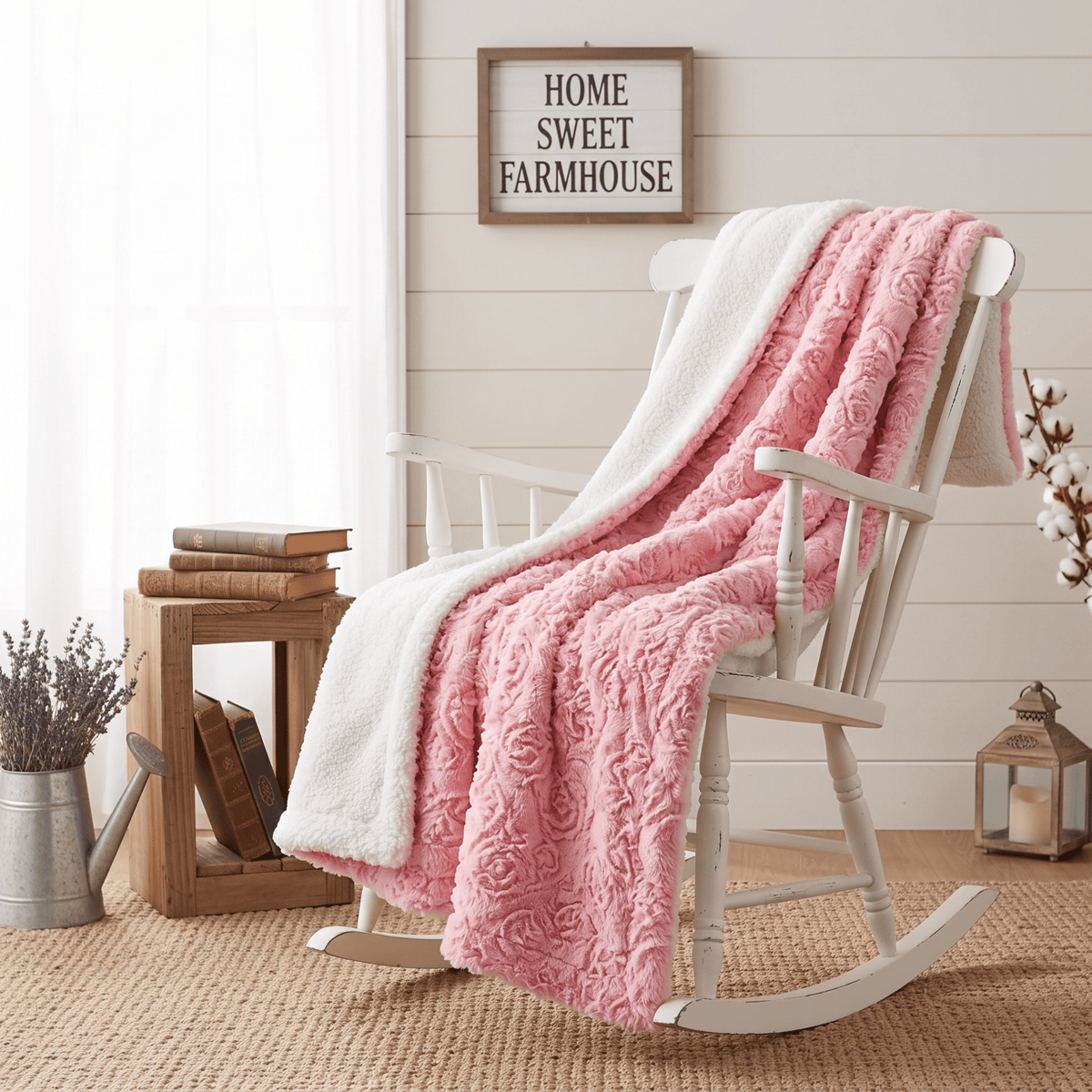 DaDa Bedding Luxury Blossom Pink Rose Buds Pink Sherpa Backside Faux Fur Throw Blanket