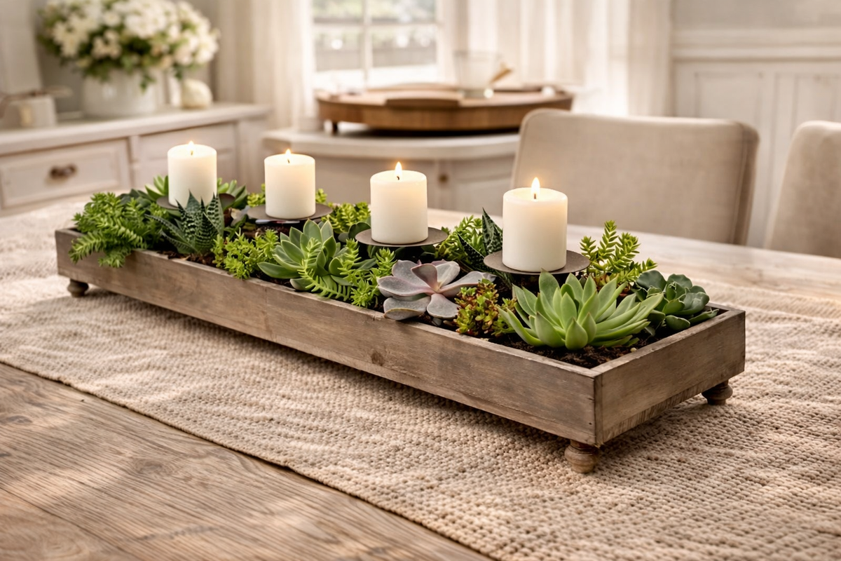 Rustic Recycled Pine Four Candle Holder Centerpiece
