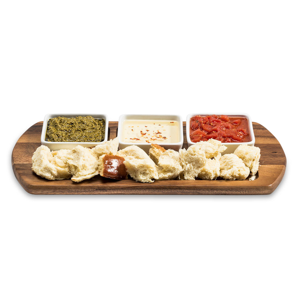 Charcuterie Board with 3 Square Ceramic Dishes  18" x 9"
