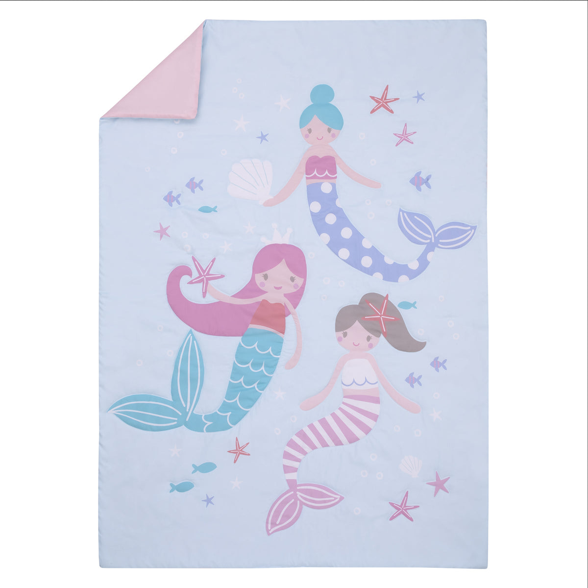 Everything Kids Mermaid Pink and Blue Dream Big Little Mermaid 4 Piece Toddler Bed Set up