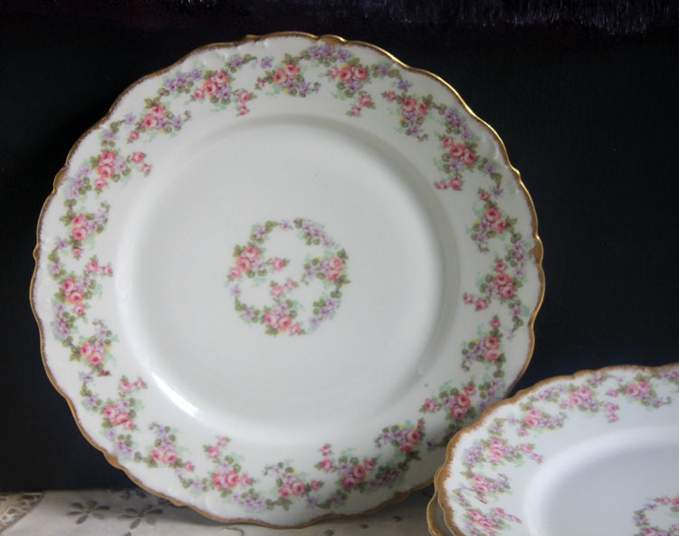Antique Limoges Dishes. Limoges Elite Set of Five Bread, Salad, Plates with Pink Roses and Scalloped Rim.