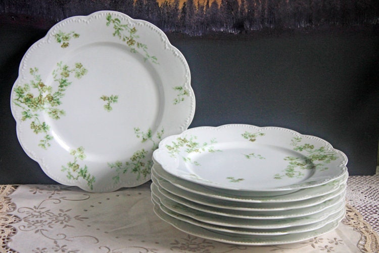 Antique Limoges Dishes. Limoges Elite Set of Five Bread, Salad, Plates with Pink Roses and Scalloped Rim.
