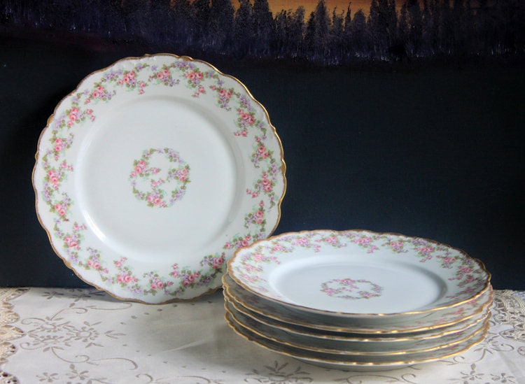 Antique Limoges Dishes. Limoges Elite Set of Five Bread, Salad, Plates with Pink Roses and Scalloped Rim.