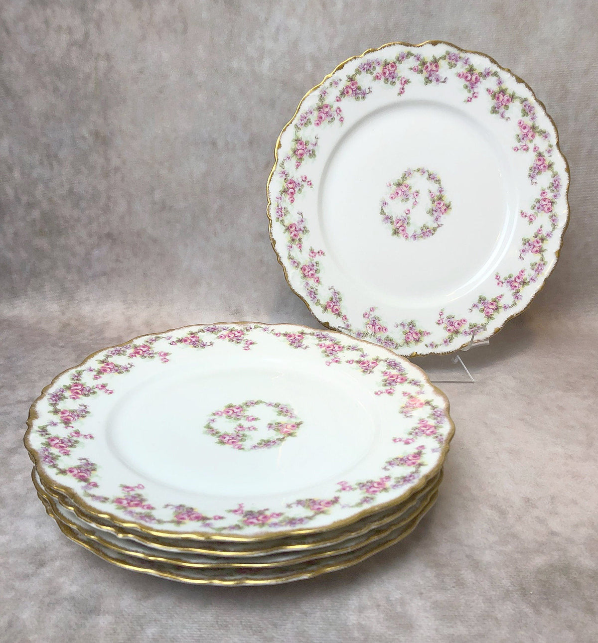 Antique Limoges Dishes. Limoges Elite Set of Five Bread, Salad, Plates with Pink Roses and Scalloped Rim.