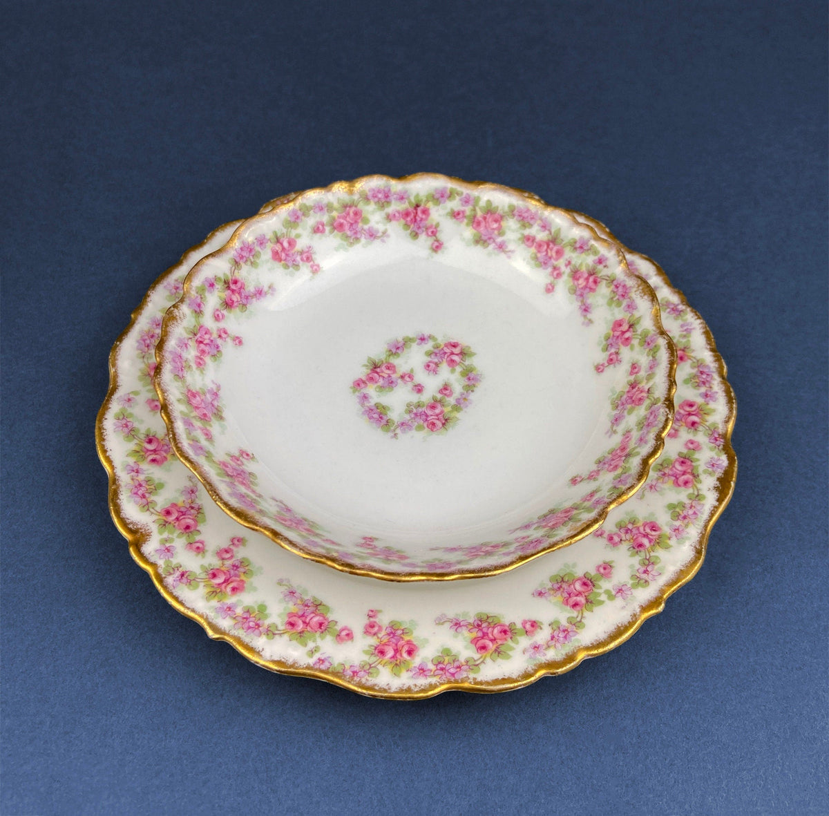 Antique Limoges Dishes. Limoges Elite Set of Five Bread, Salad, Plates with Pink Roses and Scalloped Rim.