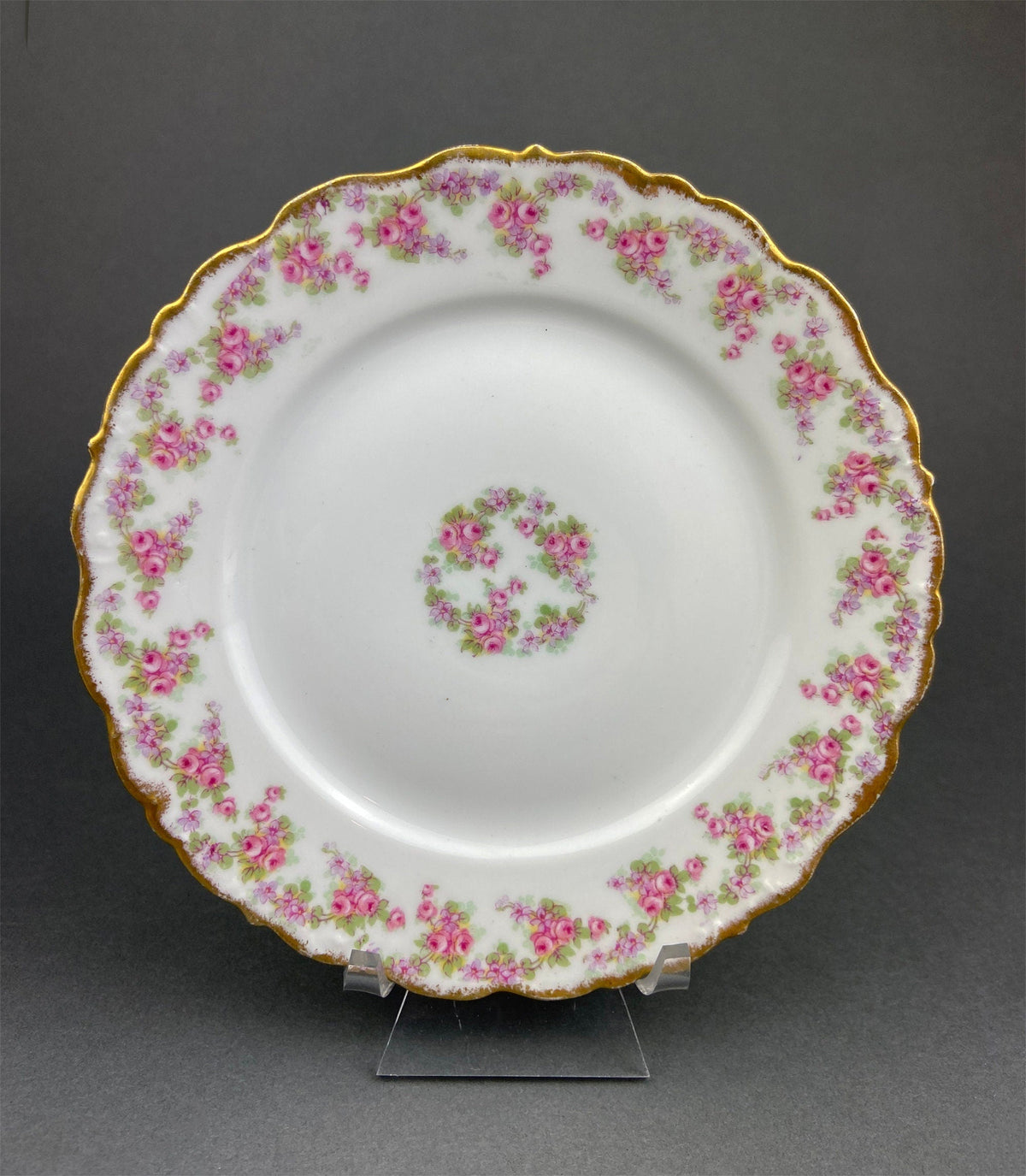 Antique Limoges Dishes. Limoges Elite Set of Five Bread, Salad, Plates with Pink Roses and Scalloped Rim.