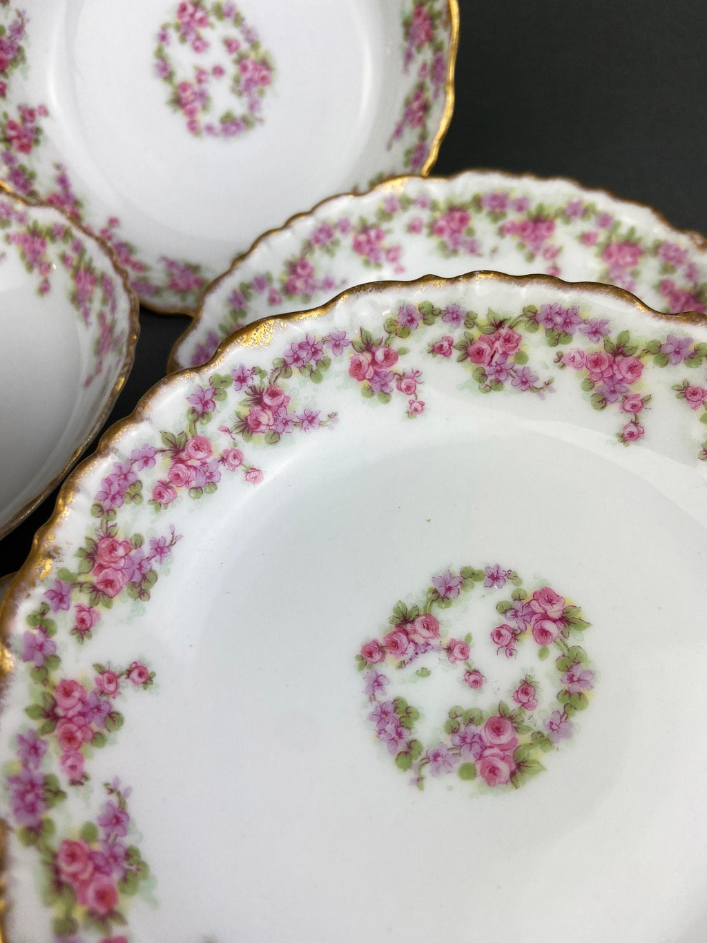 Antique Limoges Dishes. Limoges Elite Set of Five Bread, Salad, Plates with Pink Roses and Scalloped Rim.