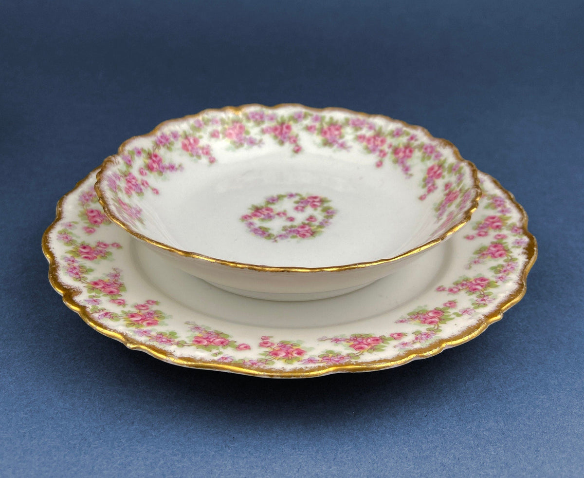 Antique Limoges Dishes. Limoges Elite Set of Five Bread, Salad, Plates with Pink Roses and Scalloped Rim.