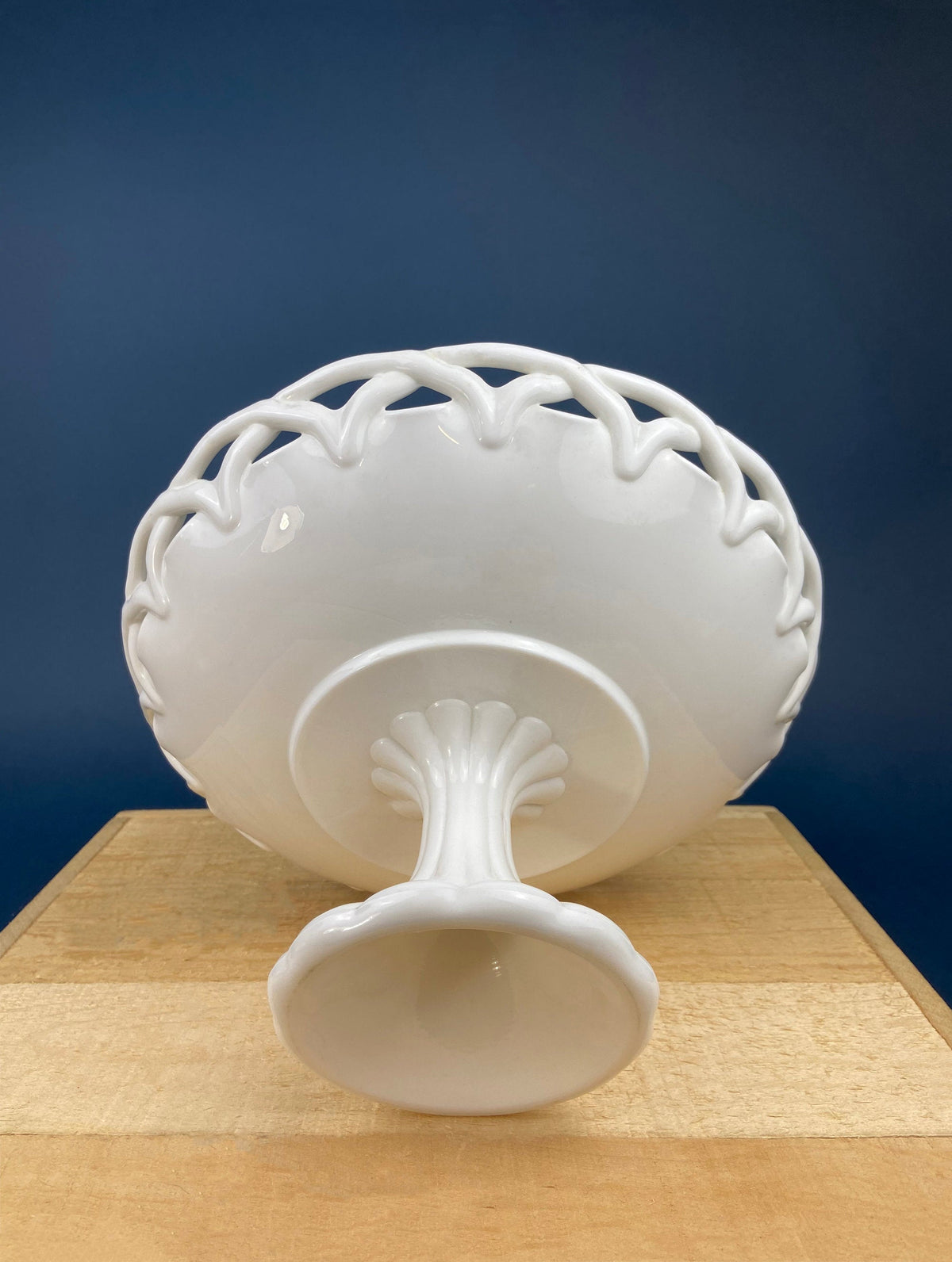 Westmoreland Milk Glass Pedestal Fruit Bowl, Doric Lace Edge, 10"