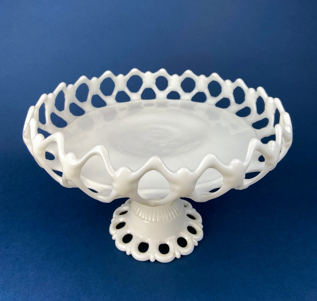 Westmoreland Milk Glass Pedestal Fruit Bowl, Doric Lace Edge, 10"
