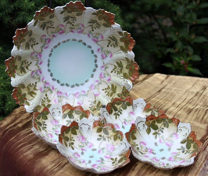 Antique Austrian Hand Painted Porcelain Serving Bowl with Matching Salad Dessert Bowls. Rose Motif Ornate Scalloped Edge. Dining Room Decor.