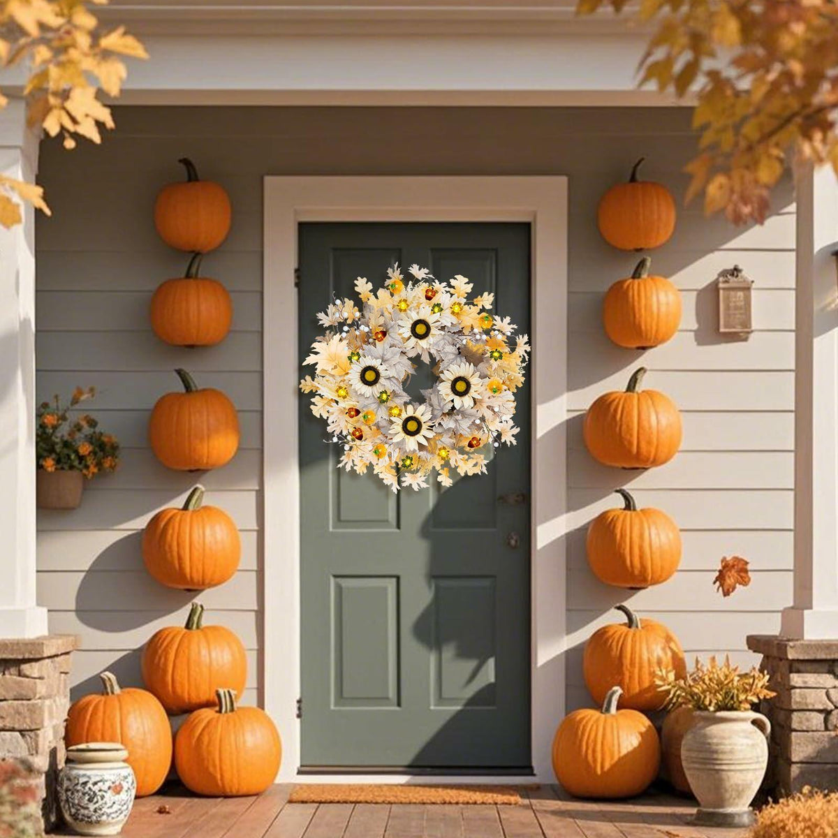 Chiyinbao 26" Realistic Fall Wreath with Lights Sunflower Leaves Yellow 26IN