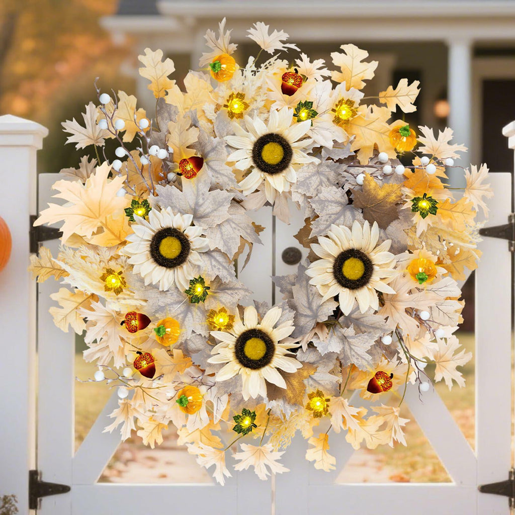 Chiyinbao 26" Realistic Fall Wreath with Lights Sunflower Leaves Yellow 26IN