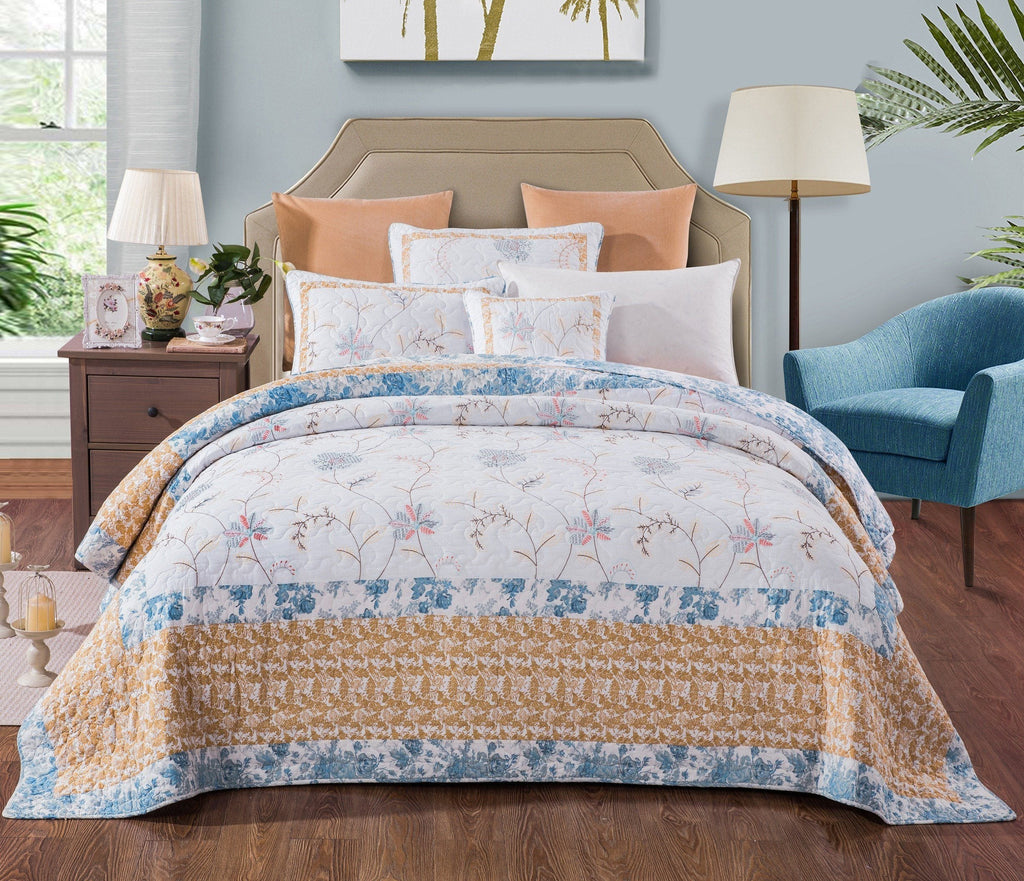 Cottage Embroidered White Blue Yellow Floral Cotton Patchwork Quilt Set