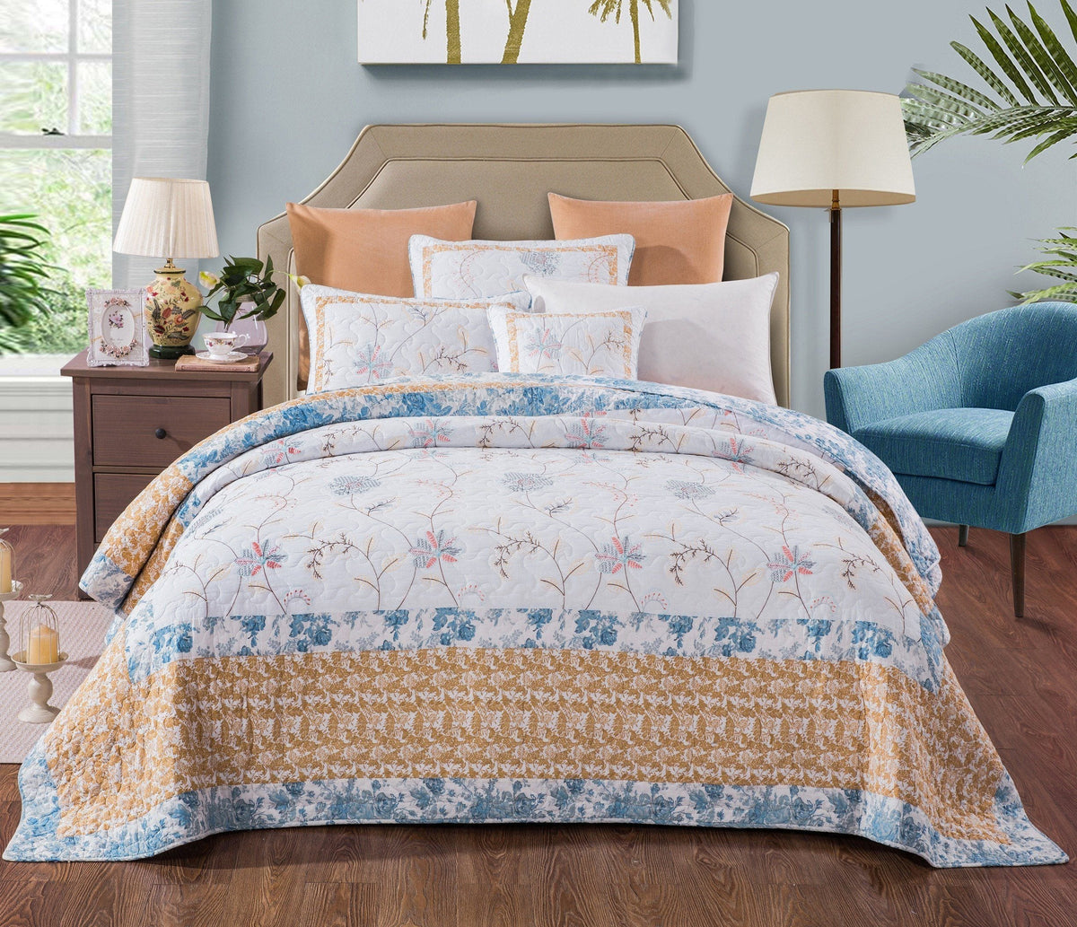 Cottage Embroidered White Blue Yellow Floral Cotton Patchwork Quilt Set