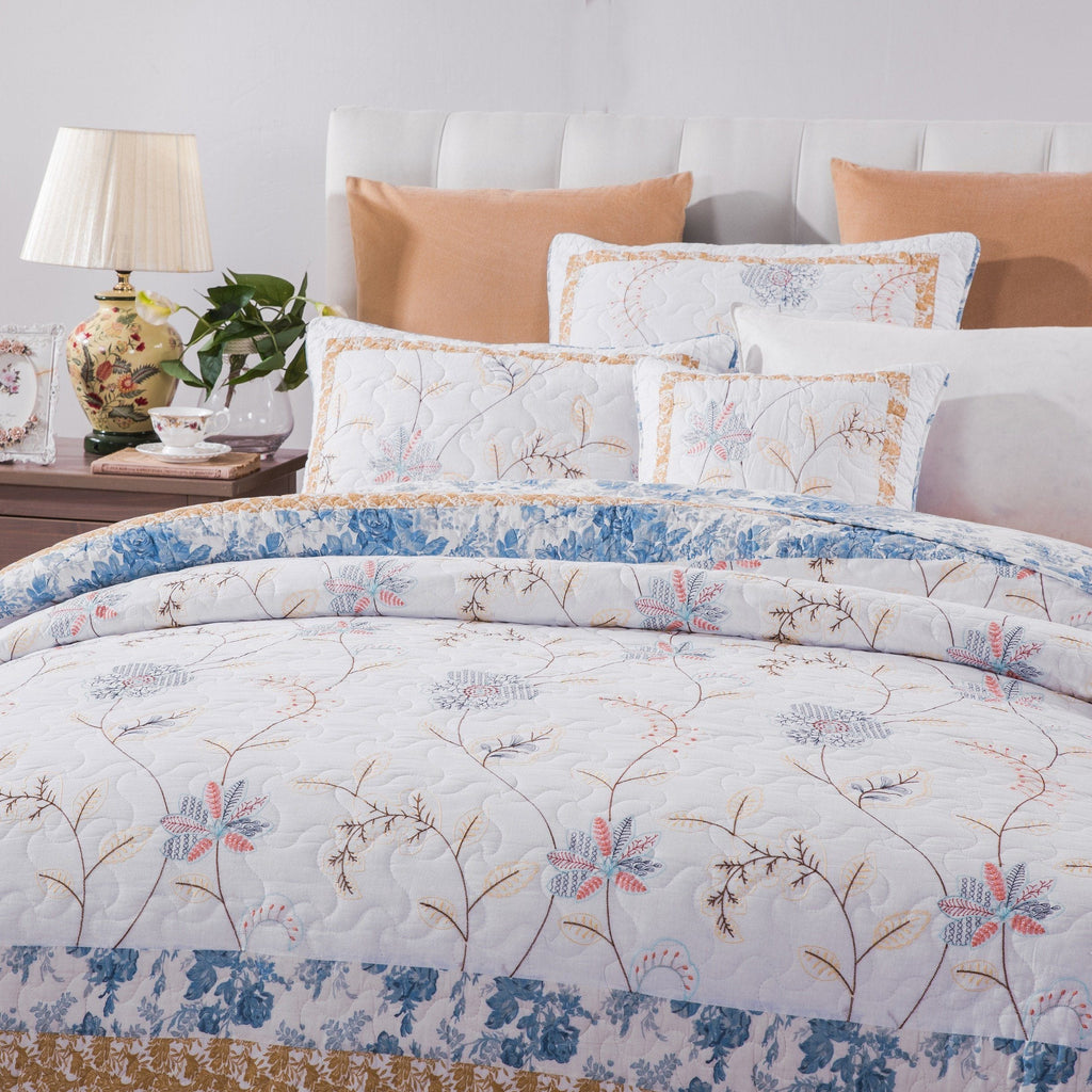 Cottage Embroidered White Blue Yellow Floral Cotton Patchwork Quilt Set