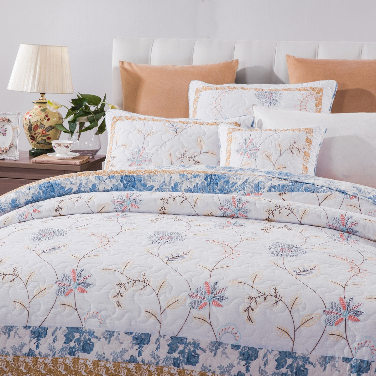 Cottage Embroidered White Blue Yellow Floral Cotton Patchwork Quilt Set