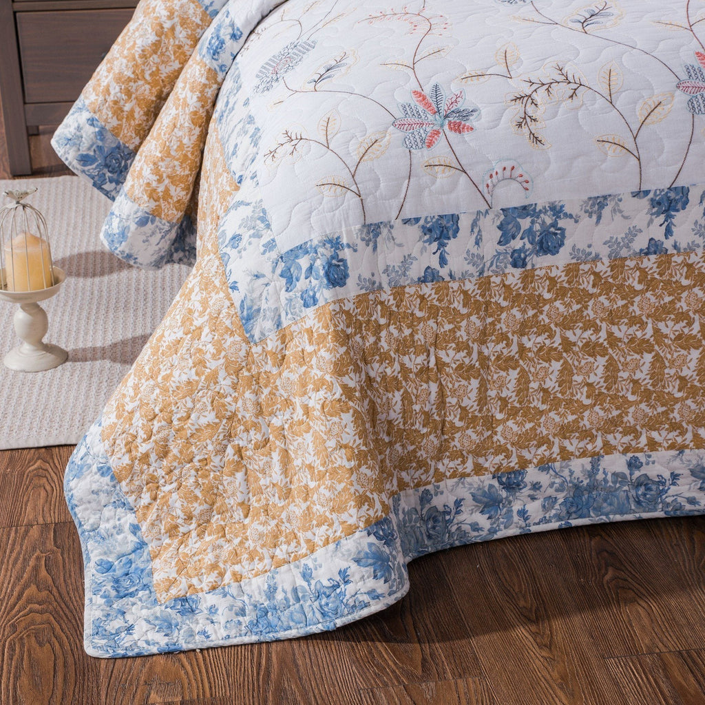 Cottage Embroidered White Blue Yellow Floral Cotton Patchwork Quilt Set