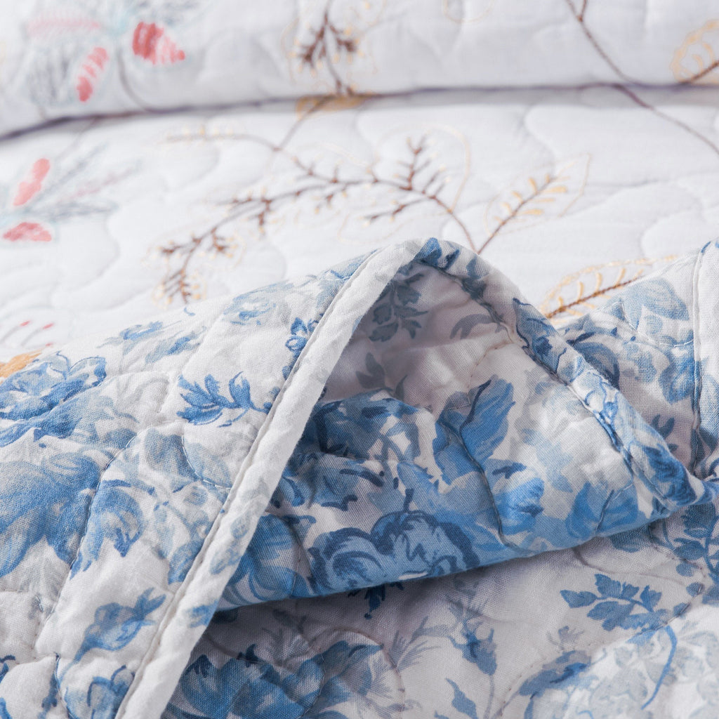 Cottage Embroidered White Blue Yellow Floral Cotton Patchwork Quilt Set