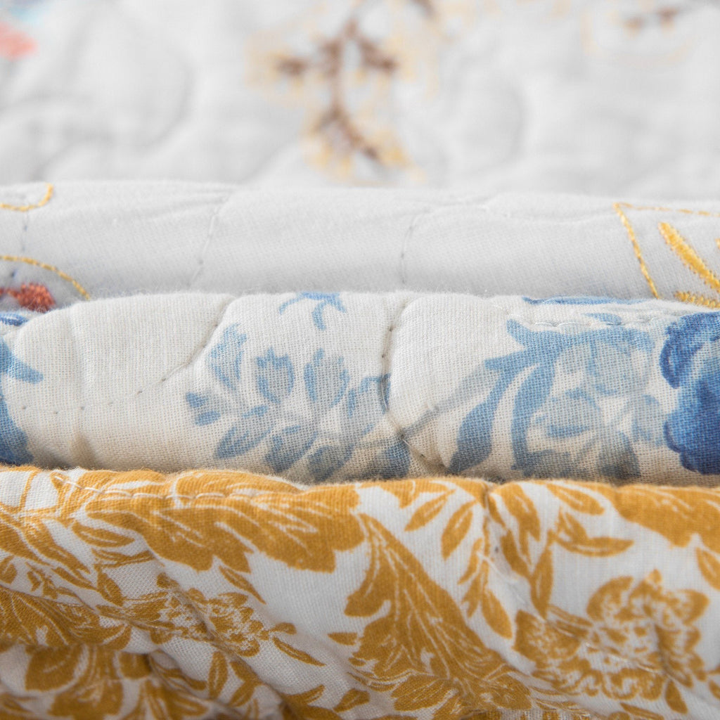 Cottage Embroidered White Blue Yellow Floral Cotton Patchwork Quilt Set
