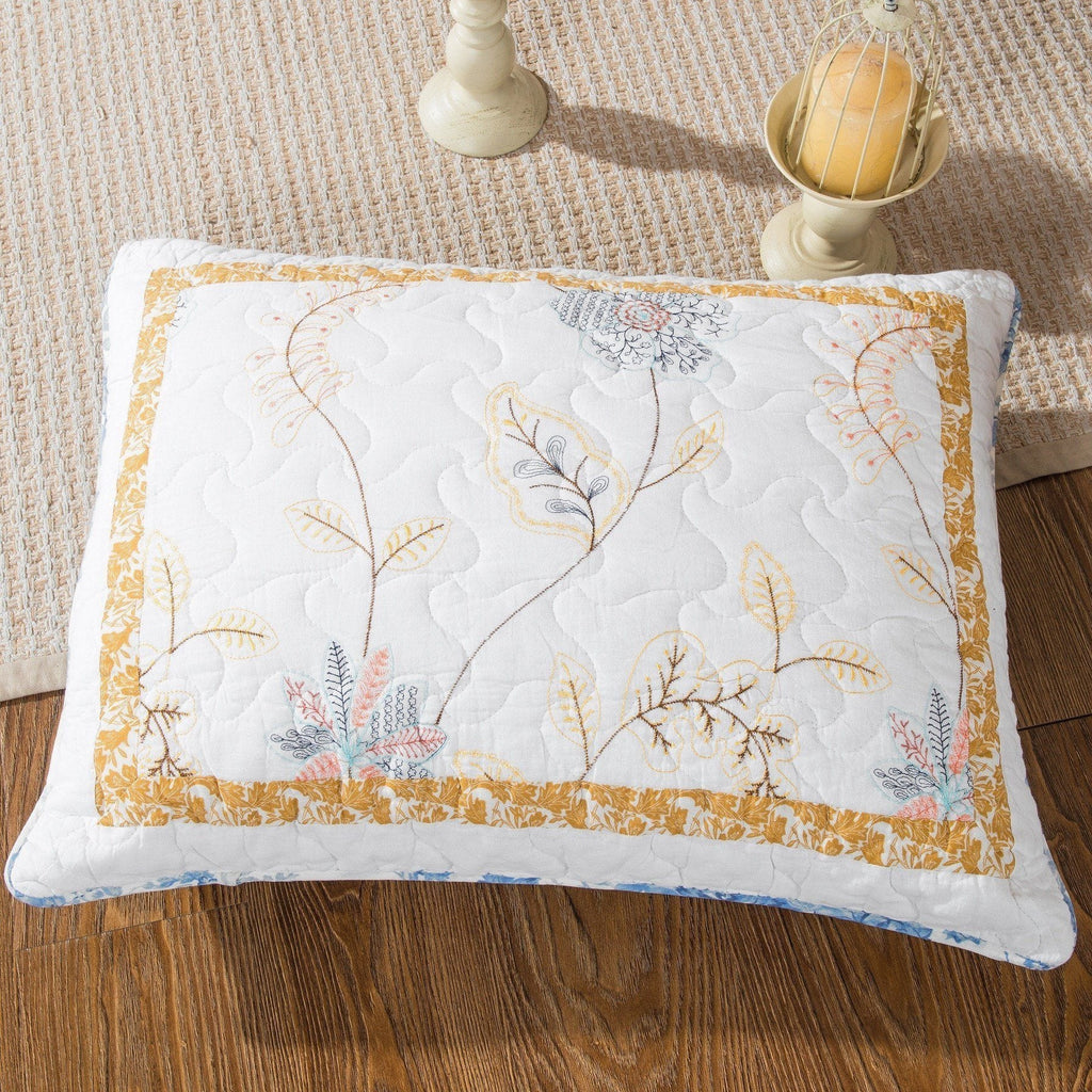 Cottage Embroidered White Blue Yellow Floral Cotton Patchwork Quilt Set