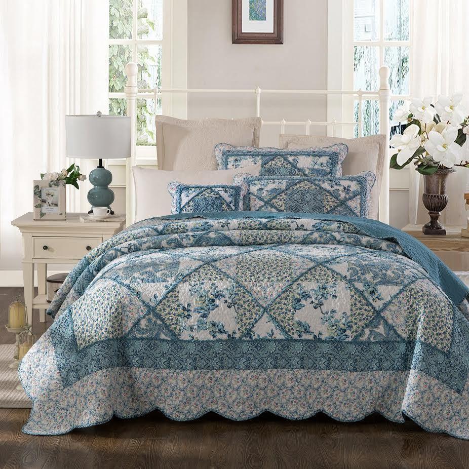 Tache Petal Dance White Blue Floral Paisley Vintage Garden Scalloped Cotton Patchwork Quilt Set (JHW-646)