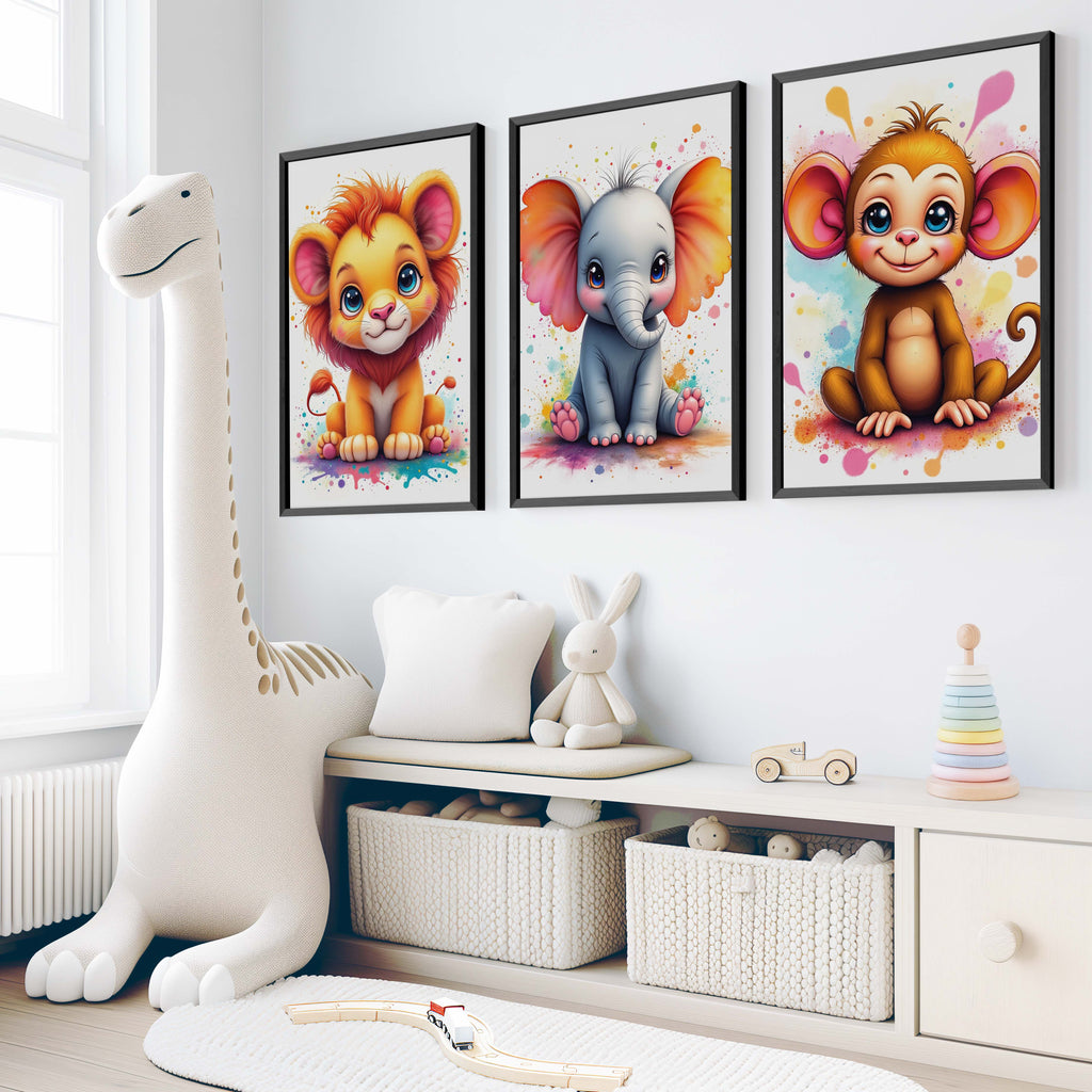 Nursery Wall Art Decor – Lion, Elephant & Monkey Print Set