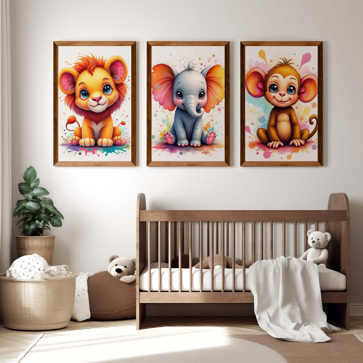 Nursery Wall Art Decor – Lion, Elephant & Monkey Print Set
