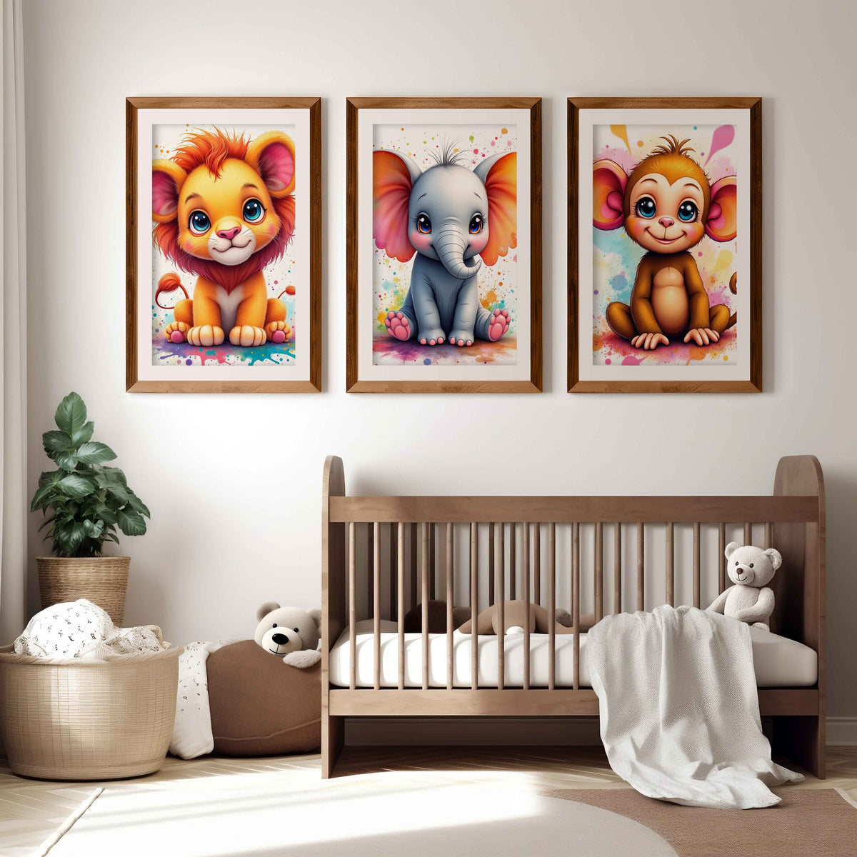 Nursery Wall Art Decor – Lion, Elephant & Monkey Print Set