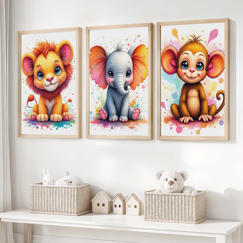 Nursery Wall Art Decor – Lion, Elephant & Monkey Print Set