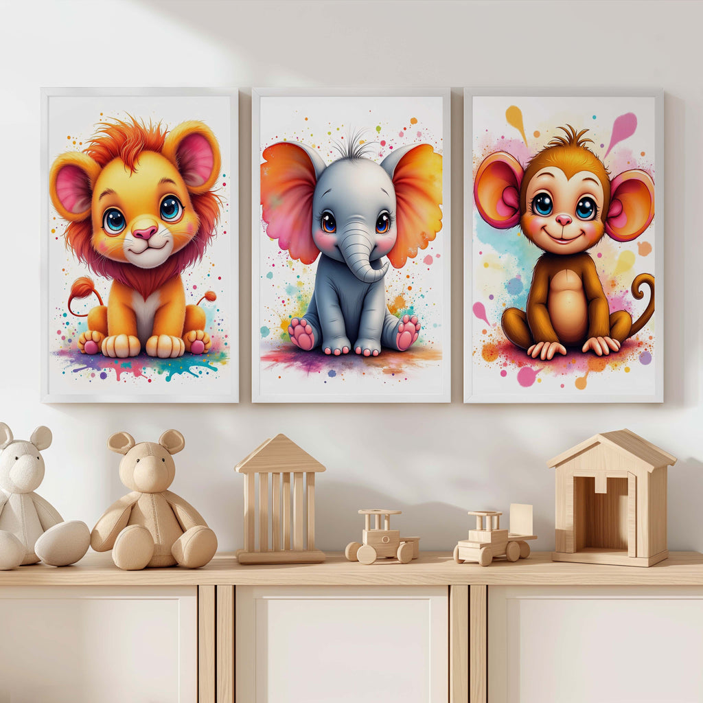 Nursery Wall Art Decor – Lion, Elephant & Monkey Print Set