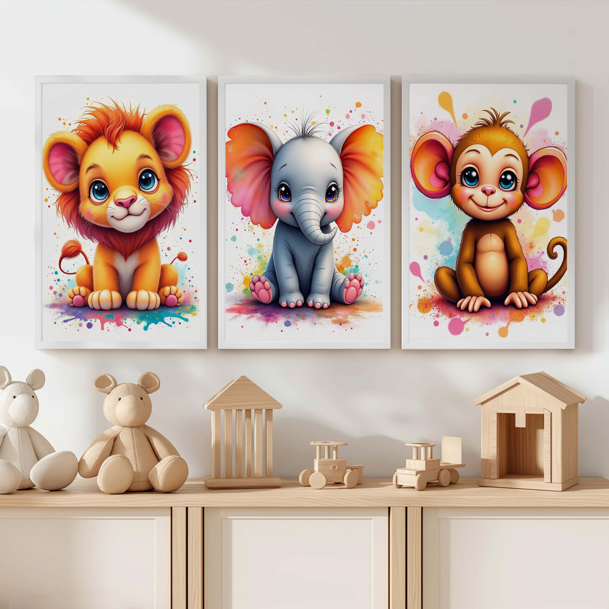 Nursery Wall Art Decor – Lion, Elephant & Monkey Print Set