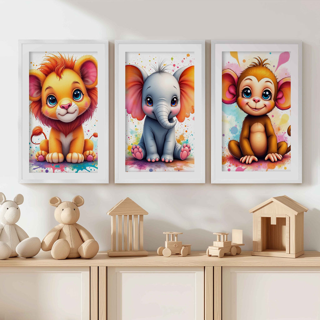 Nursery Wall Art Decor – Lion, Elephant & Monkey Print Set